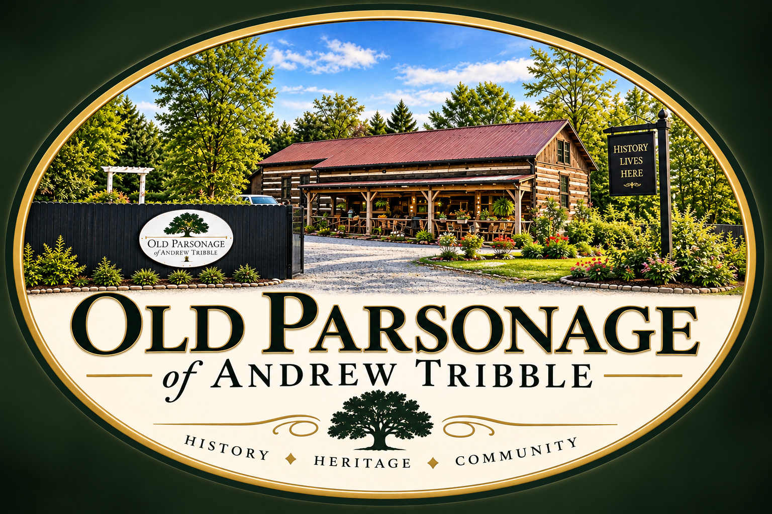 Old Parsonage of Andrew Tribble — History, Heritage, Community. Gold oval artwork featuring the log house and an oak tree.
